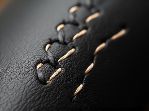 Dettaglio macro di una cucitura a mano su pelle nera.