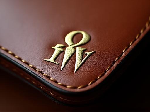 Monogramma personale inciso in oro su un angolo di una borsa.