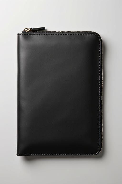 Portadocumenti sottile in pelle nera con chiusura a zip.